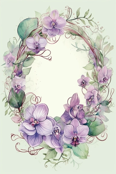 line art, Use delicate purple orchids and small roses, eucalyptus leaves to create a light and oval frame, background green, illustration, card illustration, natural, Pinterest style invitation or greeting card design, clip art style, pretty, fancy design, watercolor and ink, pastel tone, lovely vintage frame, Floral Wreath