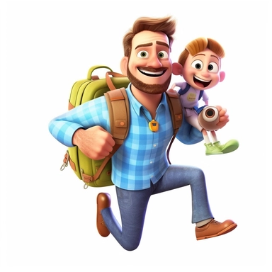 clipart,cute father hold school bag with his baby, rendered in the style of pixar cartoon, full body, shinny and fluffy, bright big eyes, fluffy tail sweet smile energetic and play ful, exaggerated facial experesion, dalicate and exquisite and fairytail, incridibly high detail, bright colors, natural light, white background, octane rendering, very popular at art stations, gorgeous, altra white angle, cartoonic