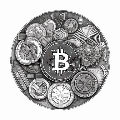a coin that represents all cryptocurrencies, in black and white, clip art style with thick lines and low detail