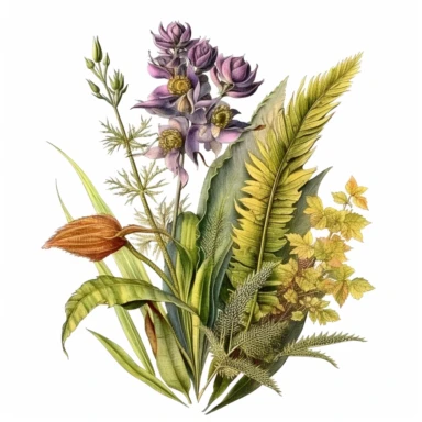 Job ID c43ad560-b297-4b98-bfbb-692d030f9e14, clipart of beautiful wild flowers with eucalyptus leaves, colorful, ornate, intricate, beautiful, soft, cute, watercolor style, hand drawn style, line art