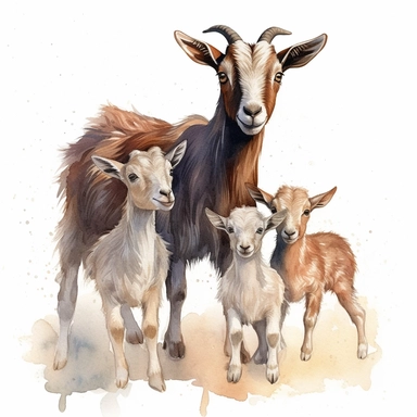 new born baby dwarf Nigerian goats with their mother, very detailed and realistic, watercolor, white background with margins, clipart style