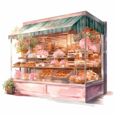 watercolor, hyper realistic, no background, have margins, 8k, ultra detailed clipart, no text, no logo, no trademark a bakery display with light pink accents, showcasing all the delicious baked goods available at the shop