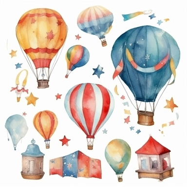 Watercolor carnival,Hand painted clip art with party elements isolated on white background. Hot air balloon, bunting, stars.