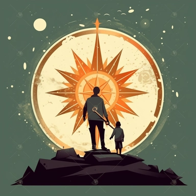 brave father standing near the compass, vector art, clipart