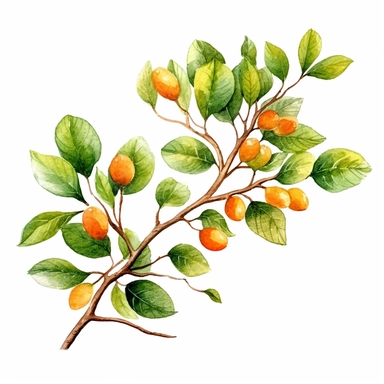 tree branch, orange, greenery, watercolor, clipart