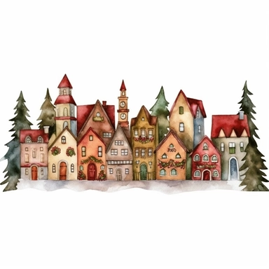 watercolor clipart of Christmas village, red green gold colors, isolated on white background