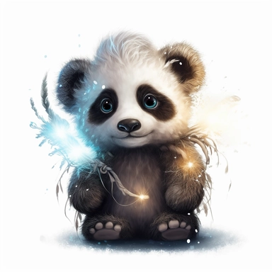 cute baby panda with big eyes, cartoon, comics, fur made of multicolored feather, fairy lights, bokeh, anna dittmann, artstation, high details, intracate details and lines no color bleed, fantasy, HD, 8k, solid white background, clipart