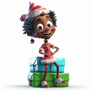 clipart of a crazy dark skinned female christmas elf standing on a christmas present, there is a funny face on it, cartoon, for kids, funny, pixar, 8k, white background, sharp focus, detailed,