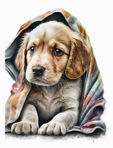 baby dog in a blanket, watercolor clipart, transparent background,