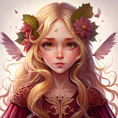 lilly stone, beautiful fairy with wings, 10 year old girl with long blonde wavy hair, burgundy dress, big eyes, BENTE SCHLICK style illistration, sparklecore, flowers, hyper detailed, white background, mid shot, clipart