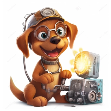 clipart, cartoon brown dog like a welder with welding machine, playful and lighthearted compositions, childlike innocence and charm, uhd image, realistic and hyper-detailed renderings, movie still, utilizes, white background