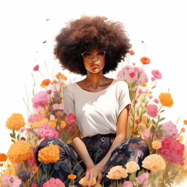 llustration of black woman, with an afro, boho modern aesthetic, cottagecore, avacadopunk, surrounded by florals, sitting in a meadow, flawless line work, watercolor, low detail, clipart, white background