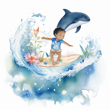 watercolour, adorable, me and the Sea: features an adorable little polynesian boy surfing with dolphins. He is 4 years old, The positive affirmation could be I am confident in my ability to explore the world around me, clipart style