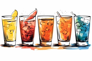 ink drawing six cocktails clipart, ink style, ink drawing, free-hand light color strokes under ink lines, vector style, prominent ink strokes, flat style, prominent line style, white background, spaced out, do not intersect images, spacing between elements, single thickness lines, no shadows, few details, only lines, only black lines, no volume, hand drawn ink drawing, elegant shapes