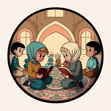 Two Syrian children, sitting in a circle for memorizing the Qur’an inside the mosque with a group of children, detailed photo, Cartoon character, clipart drawing, clipart image, high definition drawing, clean colors, balanced colors, detailed drawing,