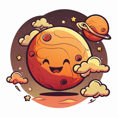 planet mars is a small rocky red planet . With clouds and stars on a solar system drawing, cartoon, clipart style, vector style, comic.