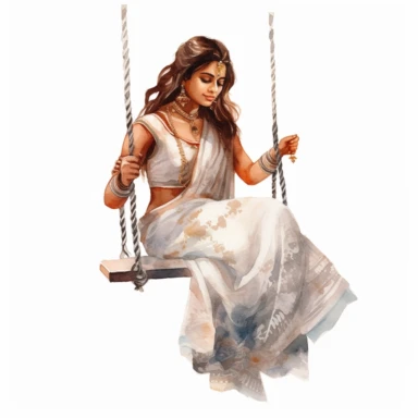 watercolor clipart, romantic desi aesthetic, indian woman sitting on a swing, close-up, depth of field, highly detailed, multilayered realism, UHD, 8K, 3D, solid white background