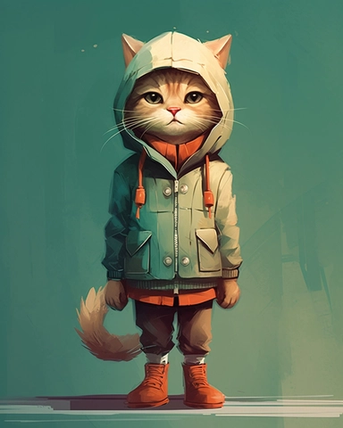 cat in a tracksuit ,wearing a hat,full body shot,with jean jacket,brown pans,boots,scarf,contrasting colors,style of Anna Süßbauer and Jon Klassen,vector, realistic hyper-detail, in the style of victorian-inspired illustrations,realistic shading, pictorial fabrics, contest winner, organic designs, on a plain white background, clipart, masterpiece, trending on Artstation and Dribbble.