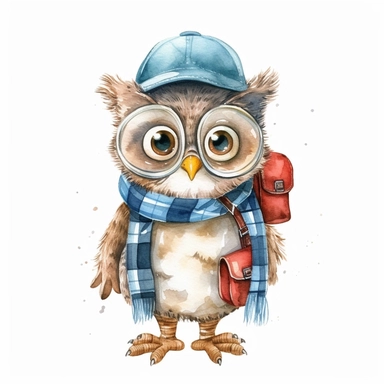 A cute adorable Owl go to school,clipart, wearing a backpack and a hat, Watercolor clipart in the style of nursery art children book character, hand drawn,single object,png transparent, white background for removing background - - no text shadow font watermark