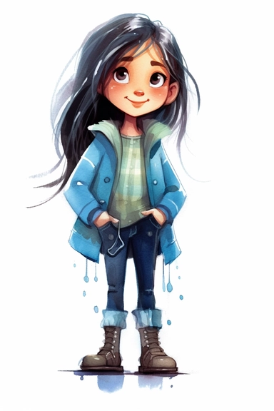 4 year old cartoon Pretty children, cute cartoon white girl with black long hair, wearing blue trousers and turquoise coat, smiling with her arms crossed. Pixar childrens book cartoon style, detailed, modern, urban, watercolor, full color, flat color, white background, children book illustration. Watercolor clipart. Pixar animation