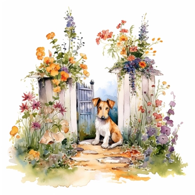 A whimsical scene featuring a Fox Terrier exploring a garden filled with colorful flowers, with a white background and watercolor clipart.