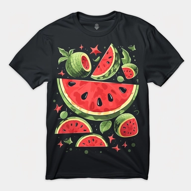 [3374891273145957] Summer Watermelon T Shirt Vector, Summer Vibe Watermelon T Shirt Design, Summer Clipart, Watermelon, Hd, by Hsiao Ron Cheng,intricate, dark black background, vector