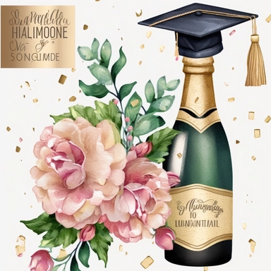 Champagne Bottle Gold Graduation Cap Watercolor College High School Graduation Clipart Flowers Graduate Gift Commercial Use Illustration PNG