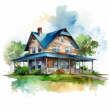 Visualize a clipart-style watercolor illustration of a detailed farmhouse on a summer day, set against a clean white background. Render the ranch-style farmhouse, painted with vivid blues and bright greens against a clean white background. The composition should focus on the sprawling, horizontal layout of the ranch house, capturing its simple, rustic charm. The composition should place the farmhouse centrally, emphasizing its intricate details and summer vibrance