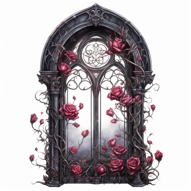 Gothic window with perfect roses and vines Clipart - Dark fantasy Watercolor skizze, baroque era, close up, white background, watercolor, hyperrealism, high detail, isolated elements