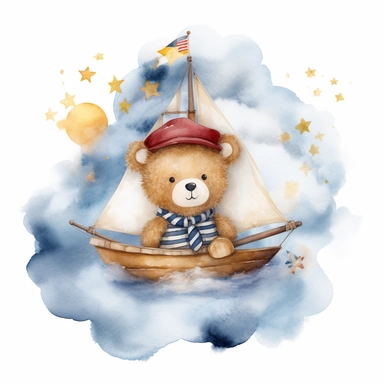 dreamy night sky clouds and a swarm of golden stars. a cute plushie sailor bear in a blue and white striped shirt and a sailor hat and a small red bowtie, in a wooden sailboat with a white sail, sailing on fluffy clouds, not sea. prominent visible brush strokes, watercolour texture, watercolor clipart png on white background