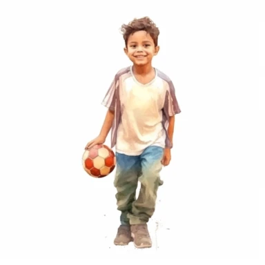 watercolor style, 7 years old latino boy with a ball, realistic clipart, isolated on white background, 4K
