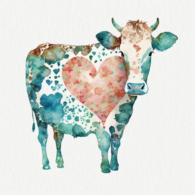 cow print heart, watercolor, folkart, clipart, white background