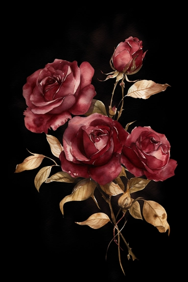 Champs Elysées roses. This is a deep crimson rose. Watercolour art, clipart, on a black background, gold details