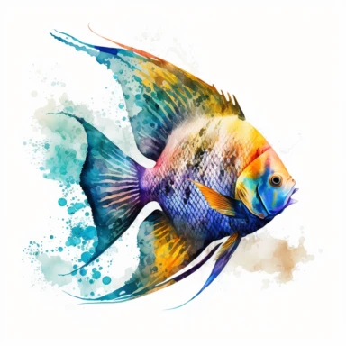 a colorful angel fish at the bottom of the ocean floor, vibrant colors, watercolor style, clipart, white background