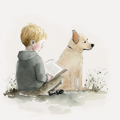 a dog sitting next to a young blonde boy reading a book, watercolor and ink drawing, clipart, happy, gentle smile, beautiful watercolor ink wash coloring, thick pencil lines, Jon klassen, Adrian tomine, popular on etsy, watercolor illustrations clipart, watercolor illlustrations for kids and children, book illustrations, plain white background