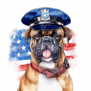 watercolor clipart, smiling boxer dog, in style policeman, full body, Police Badge, Police Uniform, Duty Belt, police Hat or Cap, background american Flag, white background, hyper detailed, 300 dpi, 8k, high solution, no watermark
