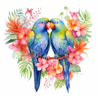 watercolor clipart, two Lovebird Parrots in love with tropical gardens, sweet hearts around, watercolor sublimation design, Sublimation Clipart, hyper realistic, intricate detail, illustration style, isolated on white background for removing background, Super-Resolution, Megapixel