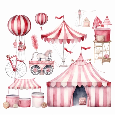 watercolour clipart of pink and white Carnival Nursery Art, with white background