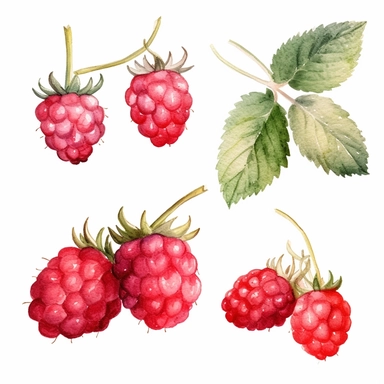 watercolor A clip art 4 set of images featuring a rustic raspberry garden isolated white background, minimalist, 8K