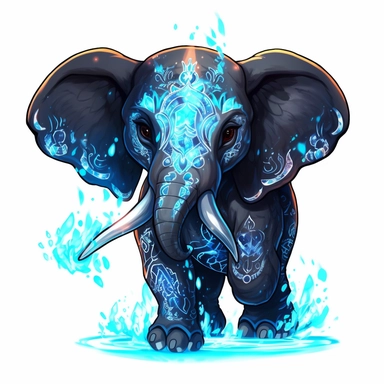 a cute and whimsical glowing tribal elephant with blue lights on his eyes, tribal animals, in the style of bold black outlines, manhwa character design, master of shadows, burned/charred, himalayan art, dark black and light azure, clipart, on white blackground