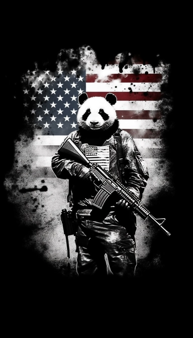 Panda dressed as a graffiti artist holding a gun black and white, silhouette of American flag background, clip art by Mr. Brainwash