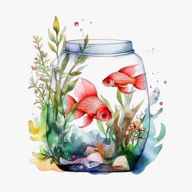 Watercolor fish tank clipart, white isolated background, space out, hd