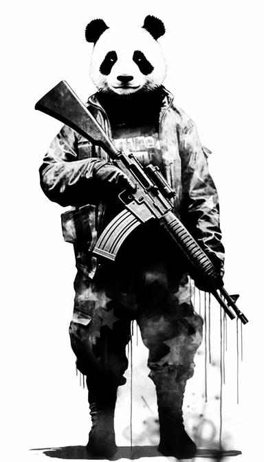 of American flag background, Panda dressed as a graffiti artist holding a gun black and white, silhouette minimalist clip art by Mr. Brainwash