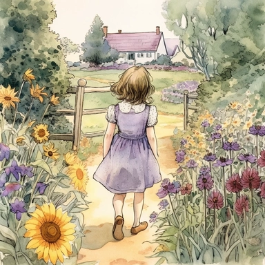 I want a Mid Journey AI prompt for: a little girl from the early 20th century skipping happily past a large home garden display of lavender, wildflowers and sunflowers in a watercolor clipart style with no letters no words or fonts included and in a very high quality