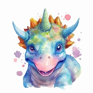 watercolored clipart with triceratops, funny and friendly, goofy, silly and playful dinosaur, colored, white background