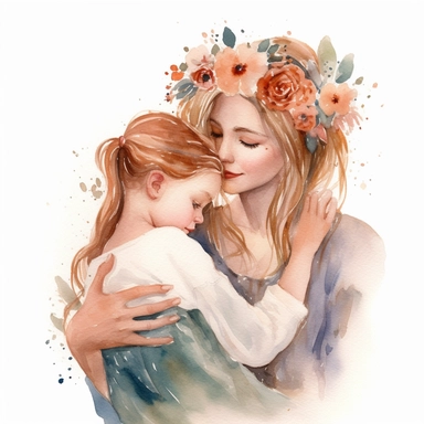 a watercolor drawing of Mother hugging her little daughter, watercolor clipart, hearts, floral, no text, solid white background