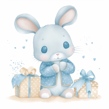 a shy baby Bunny with gifts Clipart, Peter rabbit, wearing a light blue coat covered in hearts, Nursery summer Clipart, Easter Clipart, summer Bunny, Crafting Digital Paper, Mother’s Day, white background