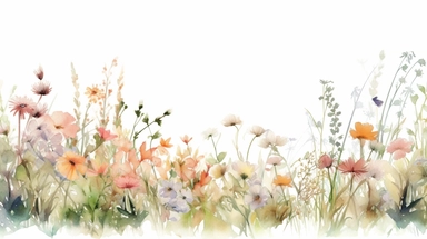 Watercolor wild flower, grass, page border, clipart, sheer - ish, pastel/ light colors, in the style of light white and ULTRA light pink, armonius and soft color fields, limited color palette, pastoral nostalgia, gossamer fabrics, bloomcore, uhd image, playful, whimsical illustrations
