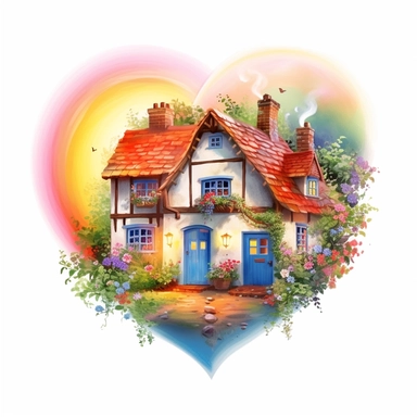 painting of a heart with a rainbow and a cottage inside of it, in the style of enchanting realms, nature-inspired installations, bloomcore, mesmerizing colorscapes, skillful, fluid and organic, cottagecore, clipart, blank white background
