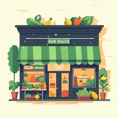 Grocery shop facade flat illustration. Eco, organic store building exterior. Vegetarian, vegan products, goods assortment. Fruits and vegetables market isolated clipart. Shopping, commerce, trade